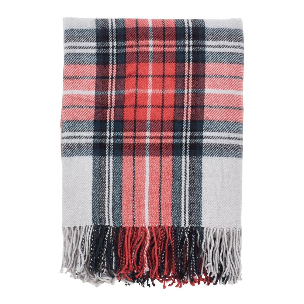 Classic Plaid Pattern Tassel Trim Throw Red White Victorian Acrylic Classic Plaid Pattern Tassel Trim Throw Red White Victorian Acrylic